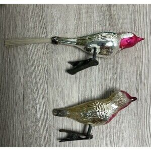 Vintage Mercury Glass Clip On Bird Ornaments Set Of 2 - 1 with Fiberglass Tail